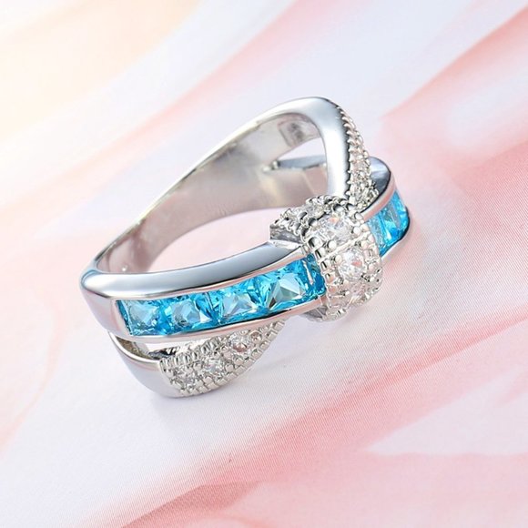 🍁925 Silver Plated Sea Blue CZ Punk Party Cocktail Ring Women, GPMB1405 - Picture 3 of 3